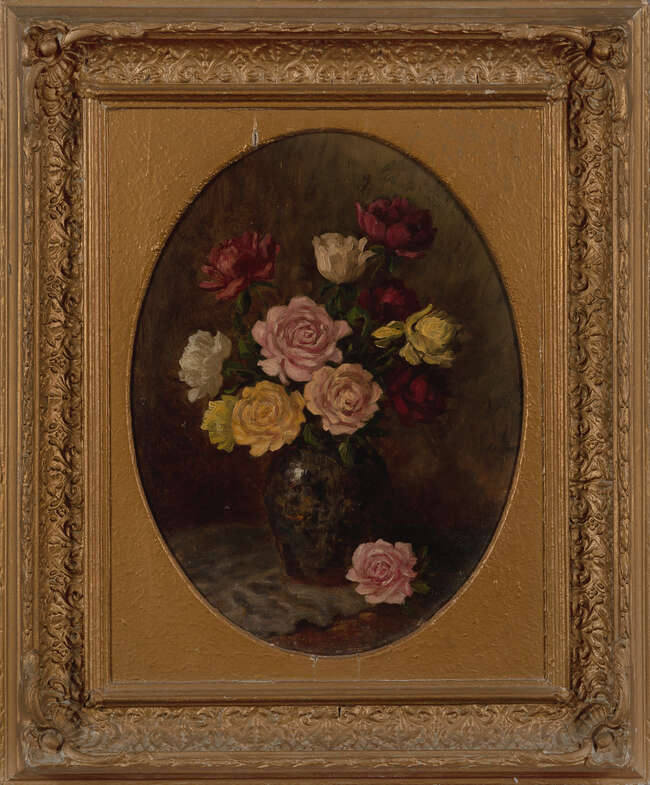 
	
		Camille Matisse, 
		French, late 19th century - 
		 
		Pink, red and white roses in a...