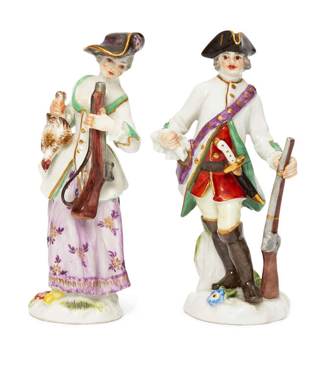 
	
		A pair of miniature Meissen porcelain models of a Hunter and Huntress, both circa....