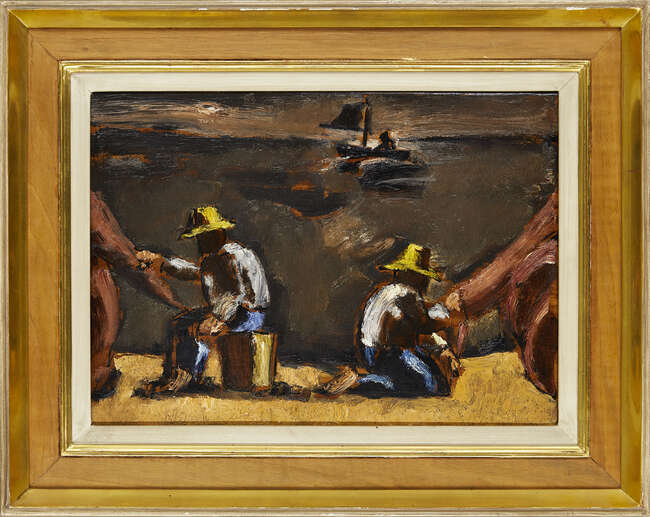 
	
		Josef Herman RA, 
		British 1911-2000-
		
		Mending the Sails; 
		
		oil on canvas,...