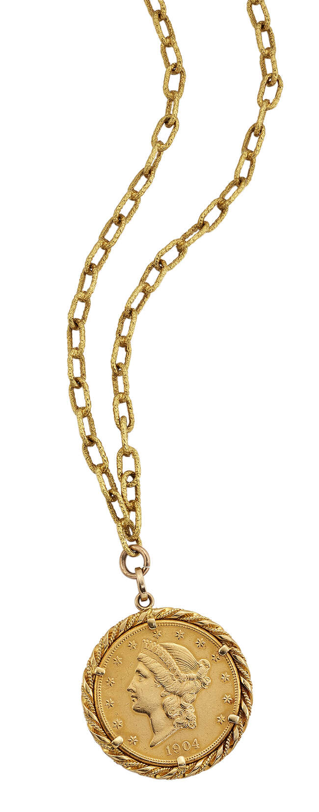 
	
		A gold mounted USA 20 dollar coin pendant necklace,  the 20 dollar coin dated 1904,...