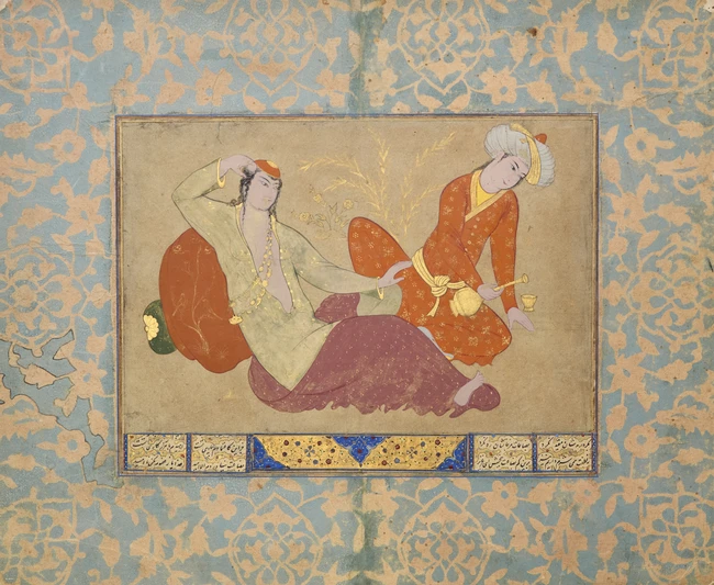 TO BE SOLD WITH NO RESERVE
Two Safavid youths at ease, Revival style, 
Opaque pigments...