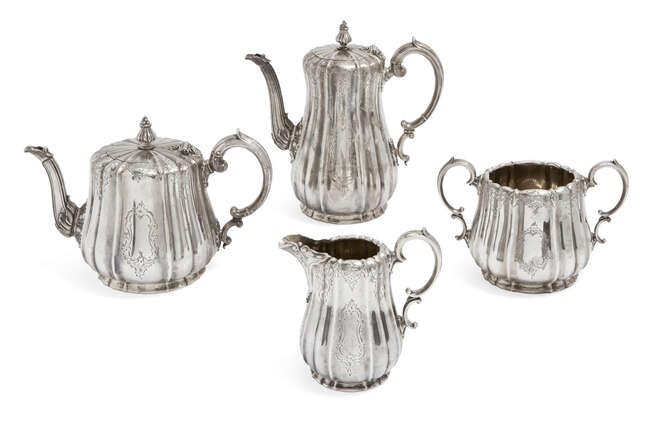 
	
		A Victorian four-piece silver tea set, London, c.1863, Edward & John Barnard, of lobed,...