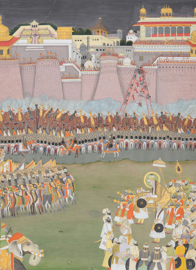 
	
		The Mughal Emperor Aurangzeb at the siege of Golconda Fort, 1687, circa 1720, opaque...