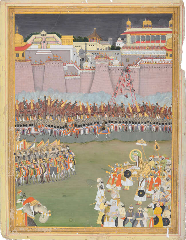 
	
		The Mughal Emperor Aurangzeb at the siege of Golconda Fort, 1687, circa 1720, opaque...