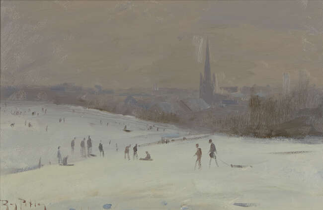 
	
		Roy Petley, 
		British b.1950- 
		January Snow, Norwich; 
		oil on board, signed lower...