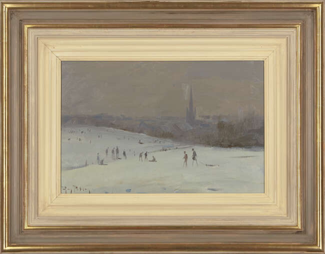 
	
		Roy Petley, 
		British b.1950- 
		January Snow, Norwich; 
		oil on board, signed lower...