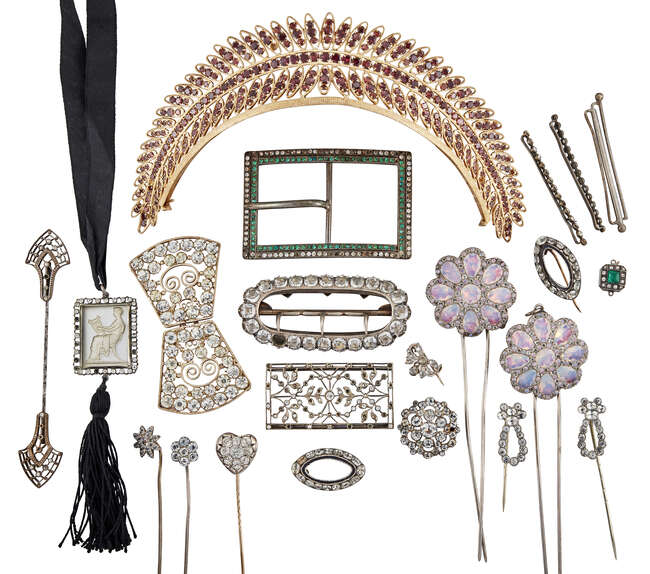 
	
		A garnet diadem and a collection of antique paste jewellery, the gilt diadem of openwork...