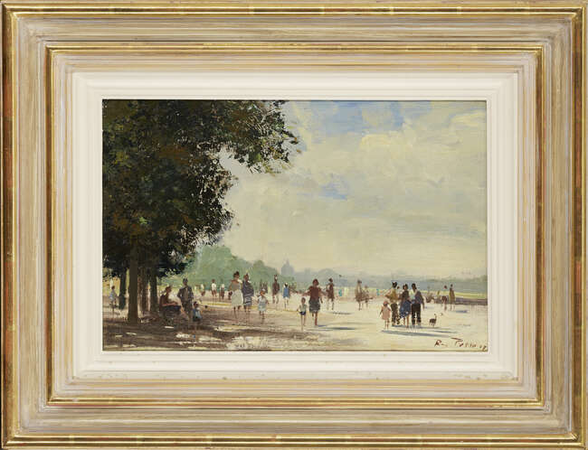 
	
		Roy Petley, 
		British b.1950 - 
		 
		Walk in Tuileries; 
		 
		oil on board,...