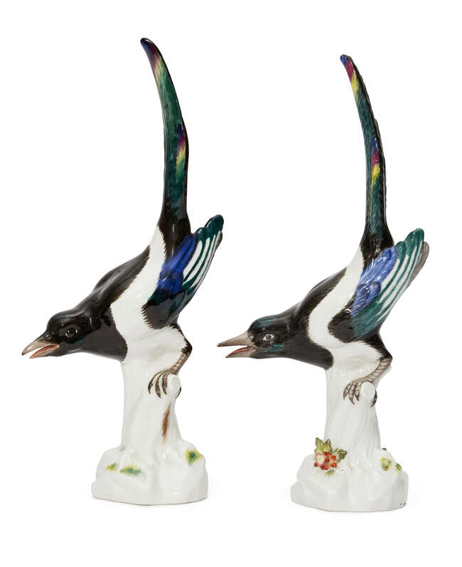 
	
		Two similar Meissen models of Magpies, c.1910 and 1985, blue crossed swords marks,...