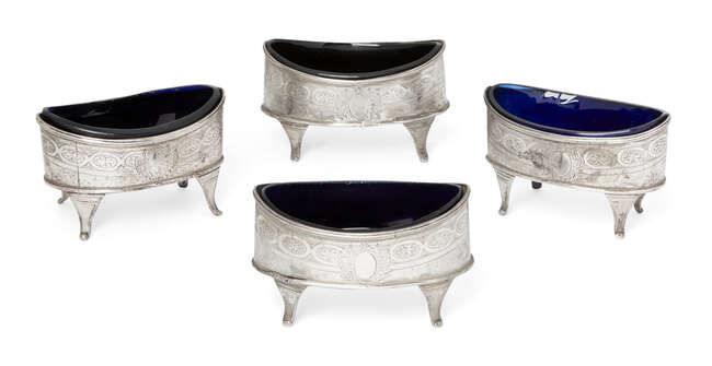 Four late Georgian salts with blue glass liners, London, c.1799, John Gold, each oval silver...