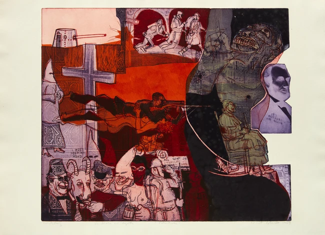 Warrington Colescott, American 1921-2018, Patriotics, 1969; etching in colours on wove, signed,...