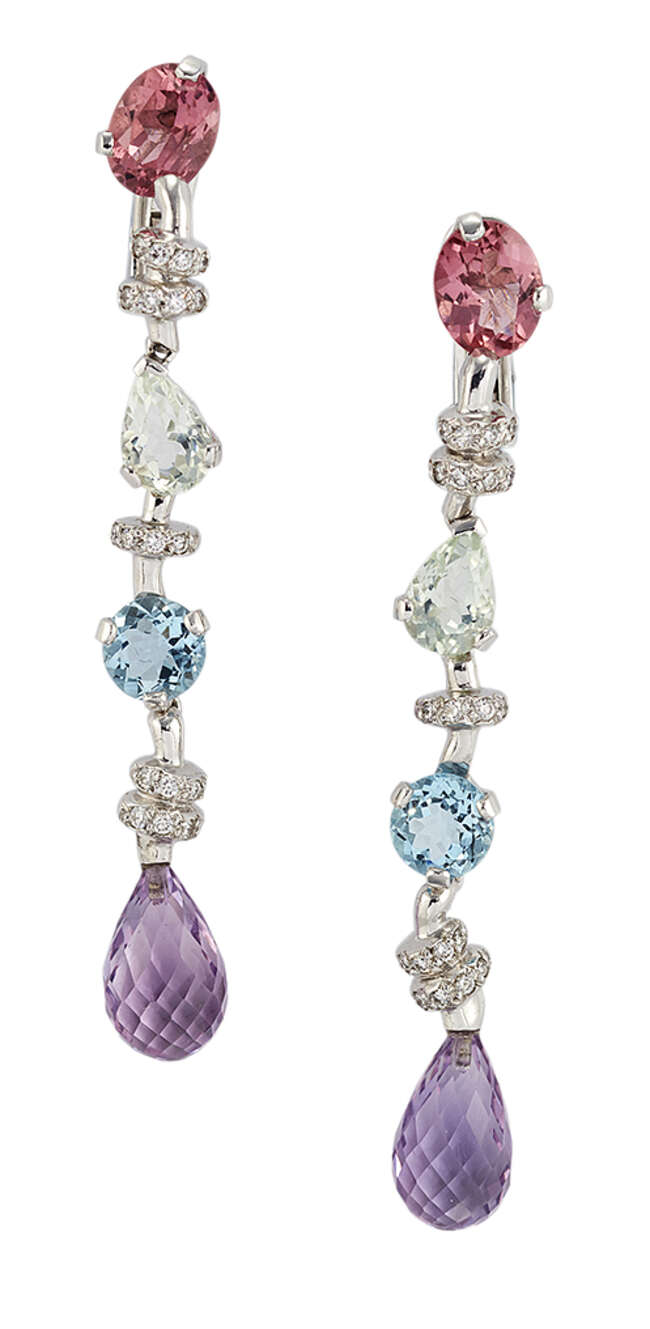 
	
		A pair of diamond and gem articulated drop earrings, by Chanel, the briolette-cut...