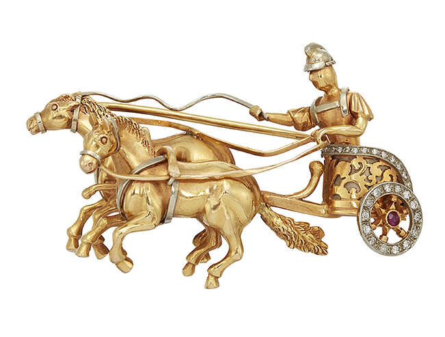 
	
		A 1940s gold, Roman chariot brooch, modelled as two horses pulling a chariot set with...