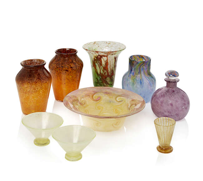 
	
		Monart, a group of small glass wares
		20th Century, some with labels, some...