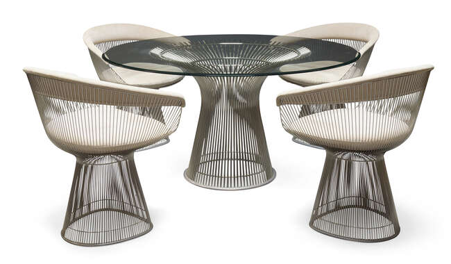 
	
		Warren Platner (1919-2006), a Platner dining table and four Platner armchairs for Knoll...