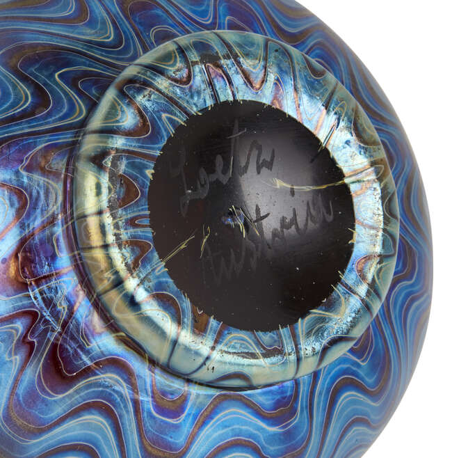 Loetz
Small Rubin Phaenomen PG 6893 blue on red vase, circa 1900Iridescent glassUnderside...