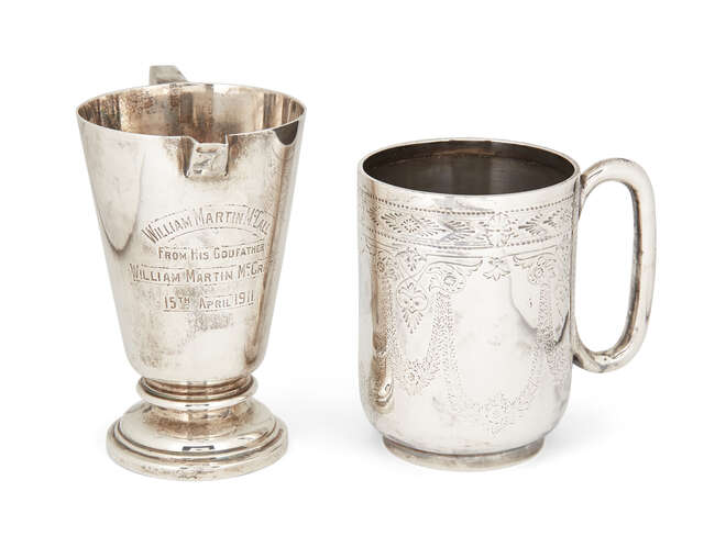 
	
		A silver Walker & Hall cream jug, Sheffield, 1910, of tapering form with angular handle...