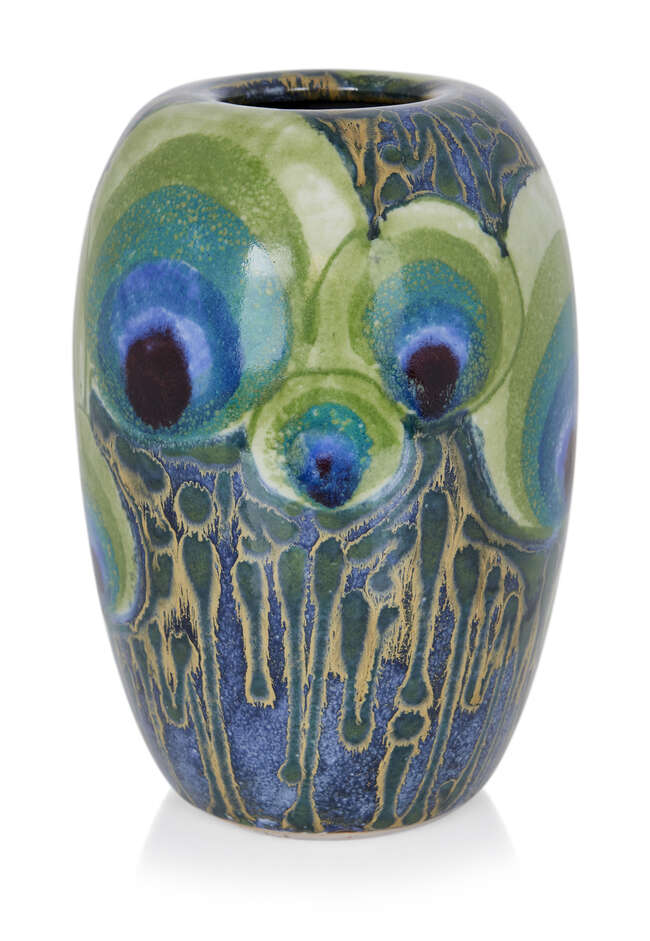 
	
		Janice Tchalenko (b.1942) for Dartington Pottery, 
		 
		Peacock design vase, 1980s,...