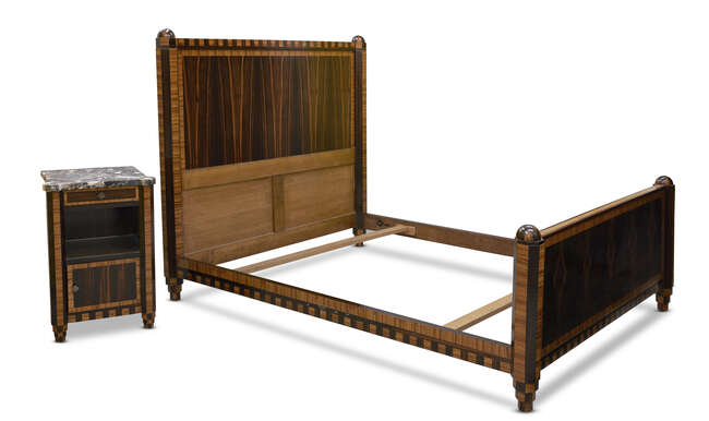 
	
		French Art Deco, a Macassar and banana wood part bedroom suite
		c.1930
		Comprising: a...