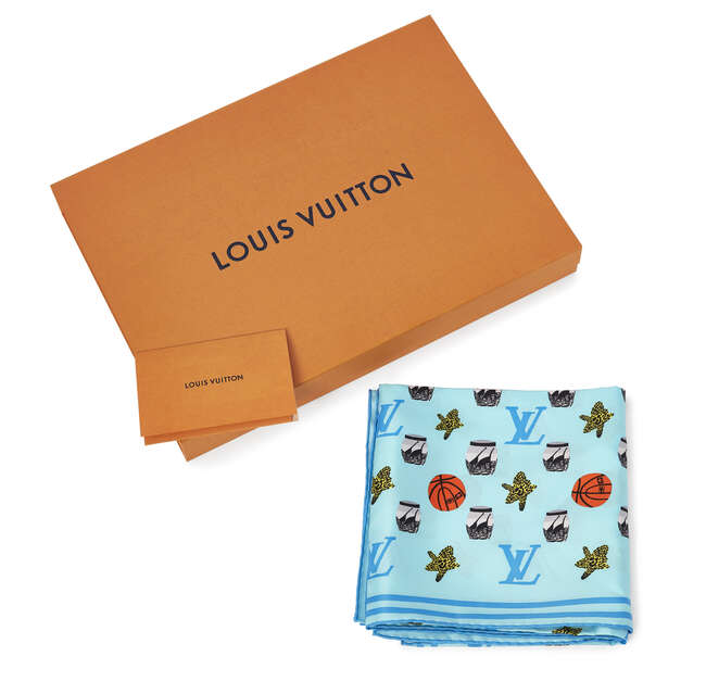 
	
		Jonas Wood X Louis Vuitton,
		American b.1977-
		 
		Monogram Square Scarf (blue),...