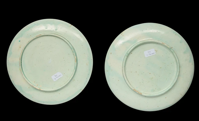 Two Kutahya pottery pottery dishes, Turkey, 20th century,  
Each shallow, on short straight...