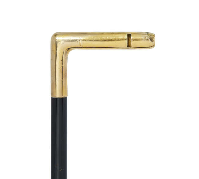 
	
		An Edwardian gold-mounted whistle walking cane, 1906, J C Vickery, 9ct gold, with...