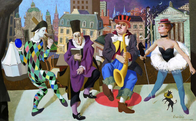 
	
		William Crosbie RSA RGI,
		Scottish 1915-1999-
		 
		Panem et Circenses;
		 
		oil...