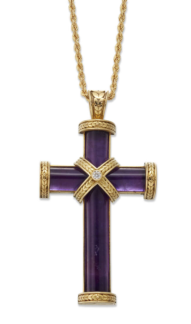 
	
		Theo Fennell, amethyst and diamond pendant cross, by Theo Fennell, set with cabochon...