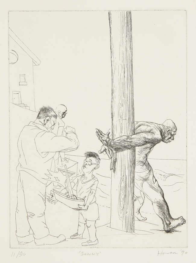 
	
		Peter Howson OBE, 
		Scottish b.1958- 
		 
		Footballers Wife & Sonny, 1990; 
		 
		