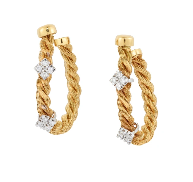 A pair of flexible hoop earrings, designed as three rows of twisted, wrapped wire, with...