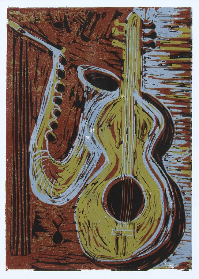 British School, 20th Century- Saxophone and Guitar; linocut in colours on wove, image: 29.5...