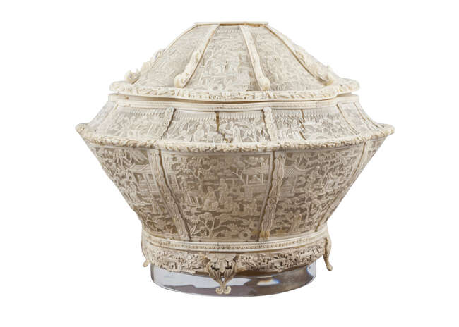 
	
		A Chinese Canton ivory basket, mid-19th century, the lobed body finely carved and...