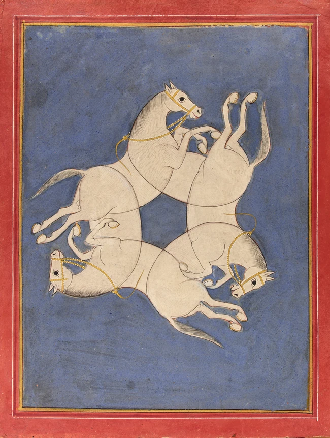 A tantric painting of intertwined horses, Rajasthan, India, 18th century
Gouache on card,
17.7 x...