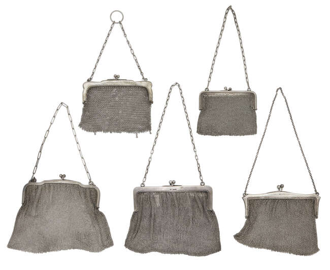 
	
		Five silver chain mesh bags, each with snap clasps and chain handles, one hallmarked...