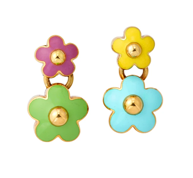 A pair of asymmetric enamel earrings, each designed as two graduated floral panels, with green,...