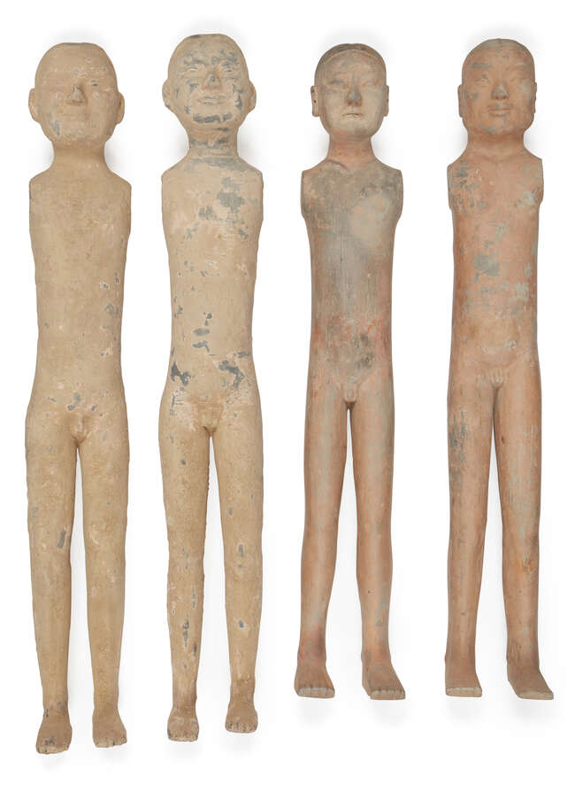
	
		Four Chinese terracotta tomb figures, Yang Ling mausoleum, Han dynasty, each modelled as...