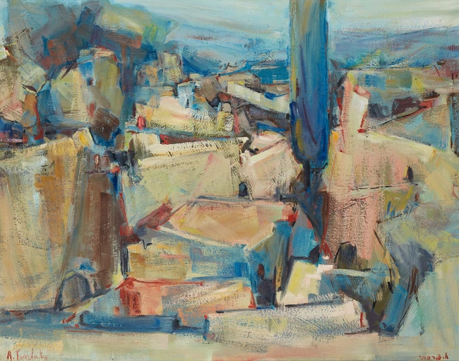 To Be Sold with No Reserve: Arie Tsarfaty, Bulgarian/Israeli b.1935 - Townscape; oil on...