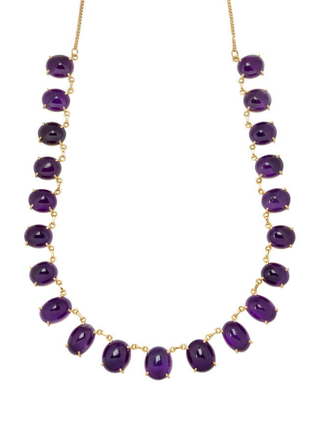 
	
		An 18ct gold amethyst necklace, composed of a row of claw-set cabochon amethyst graduated...