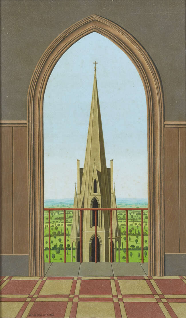 
	
		David Cheepen, 
		British 1946-2016 - 
		 
		The High Church, 1981; 
		 
		acrylic on...