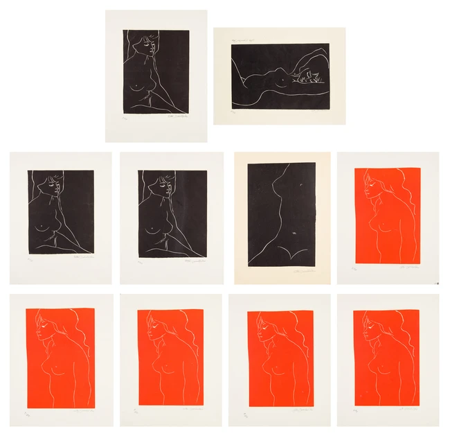 Ota Janeček, Czech, 1919-1996, Red and black Nude, linocut in colour on canvas, signed,...