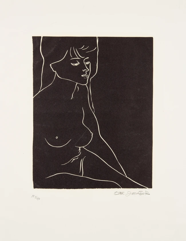 Ota Janeček, Czech, 1919-1996, Red and black Nude, linocut in colour on canvas, signed,...