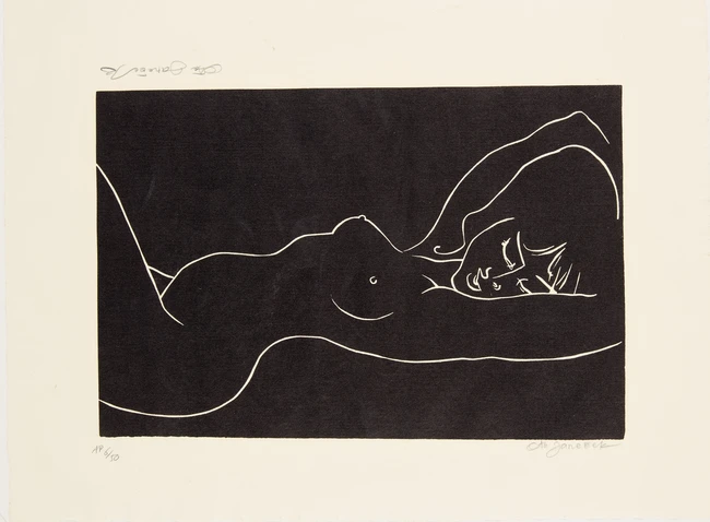 Ota Janeček, Czech, 1919-1996, Red and black Nude, linocut in colour on canvas, signed,...