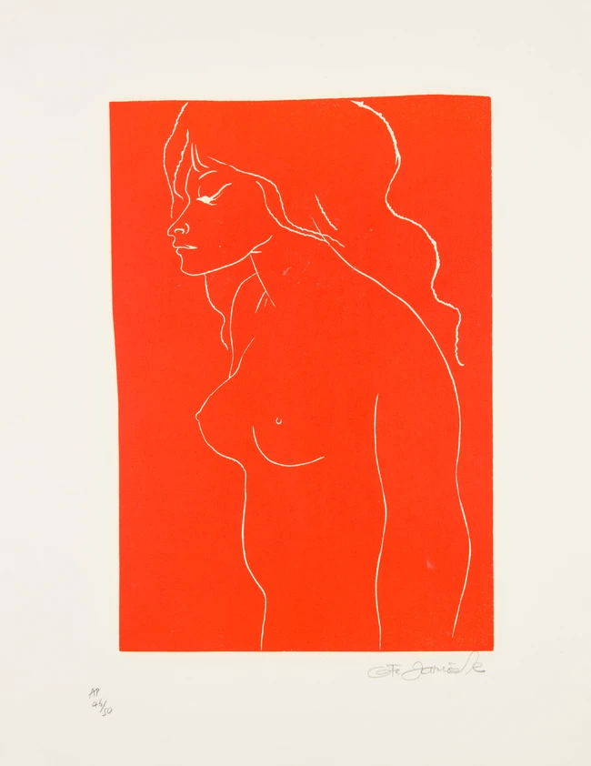 Ota Janeček, Czech, 1919-1996, Red and black Nude, linocut in colour on canvas, signed,...