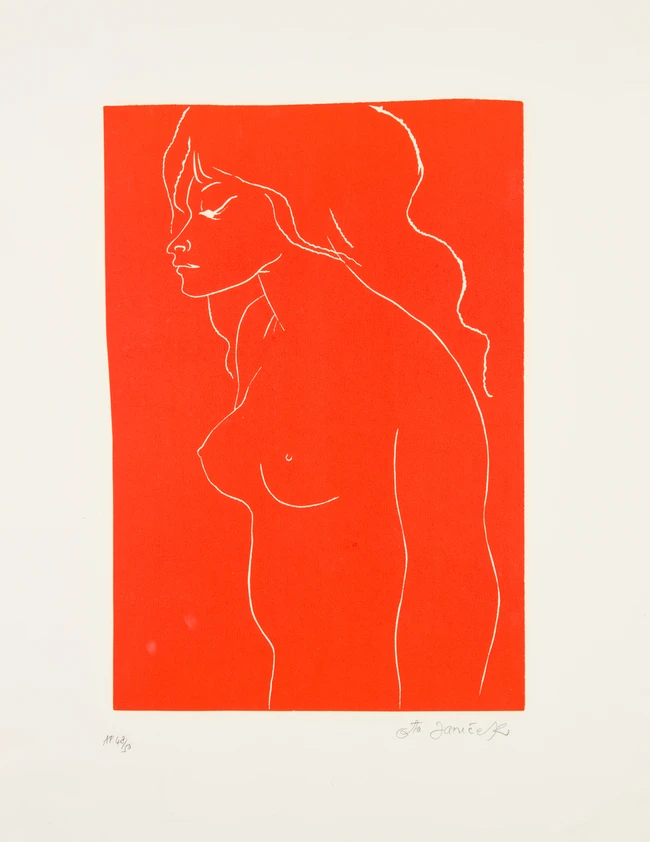 Ota Janeček, Czech, 1919-1996, Red and black Nude, linocut in colour on canvas, signed,...