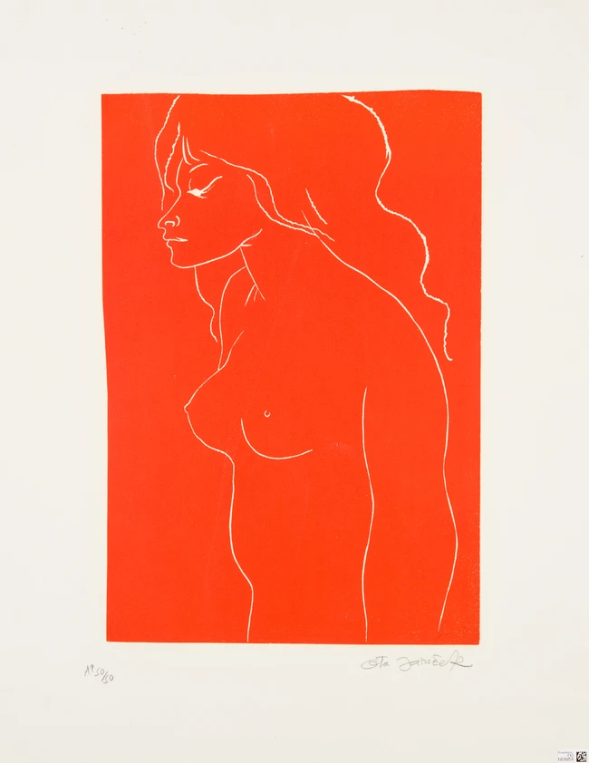 Ota Janeček, Czech, 1919-1996, Red and black Nude, linocut in colour on canvas, signed,...