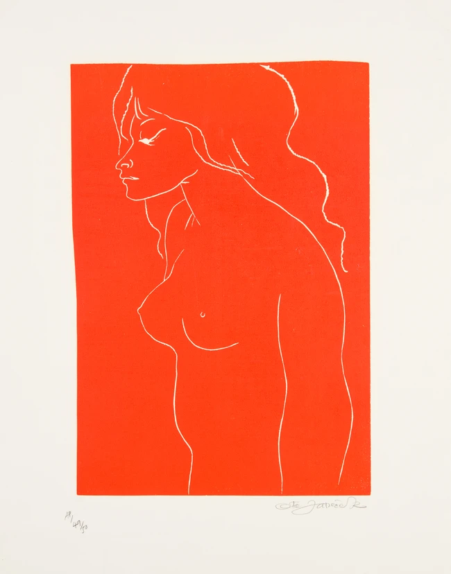 Ota Janeček, Czech, 1919-1996, Red and black Nude, linocut in colour on canvas, signed,...