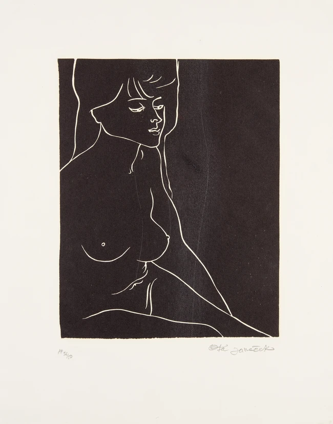 Ota Janeček, Czech, 1919-1996, Red and black Nude, linocut in colour on canvas, signed,...