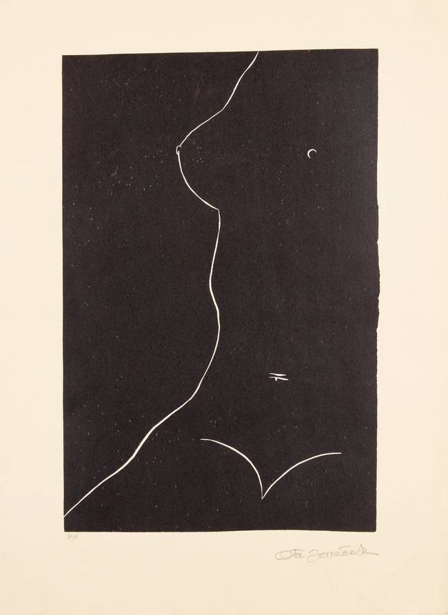 Ota Janeček, Czech, 1919-1996, Red and black Nude, linocut in colour on canvas, signed,...