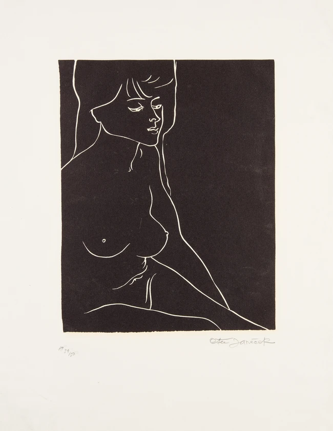 Ota Janeček, Czech, 1919-1996, Red and black Nude, linocut in colour on canvas, signed,...