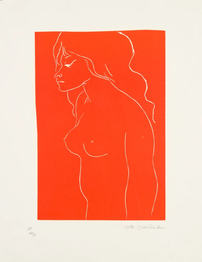 Ota Janeček, Czech, 1919-1996, Red and black Nude, linocut in colour on canvas, signed,...